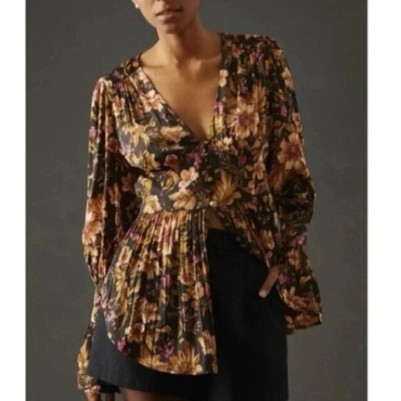 Anthropologie Floral V-Neck Blouse - Black and Brown - Picture 11 of 11